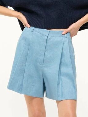 NEW STAUD Cruz High Rise Tailored Pleated Shorts. Blue. 100% Linen.  Size 8.